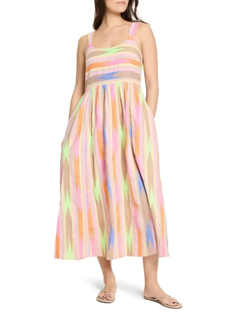 Nic + Zoe Size XL Heat Wave Sadie Midi Dress Pink Multi Sundress Smocked NEW